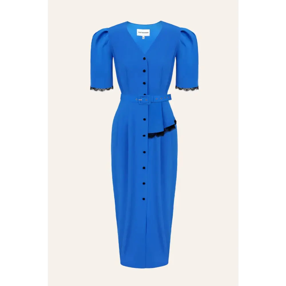 Lace Decorated Button Front Midi Dress with Belt (Blue), size S