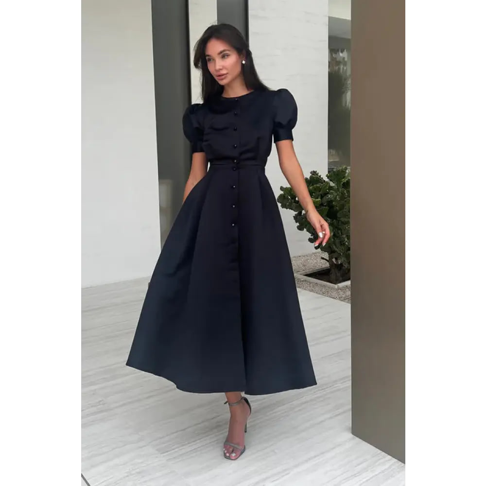 Button Front Midi Dress (Black)