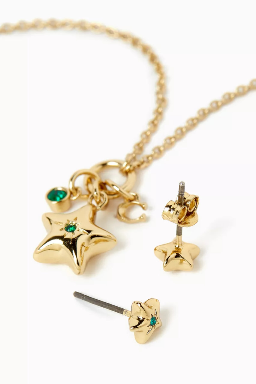 Star Pendant Necklace & Earrings Set in Plated Brass