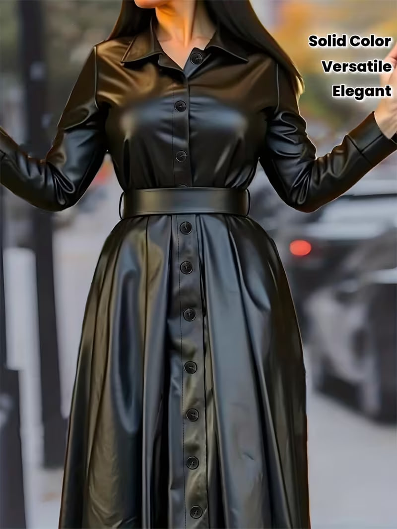 Women's Long Sleeve PU Leather Coat Dress