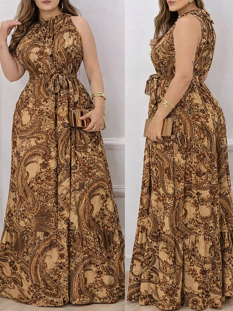 Women's Vintage Paisley Print Halter Neck High-Waist Dress with Belt