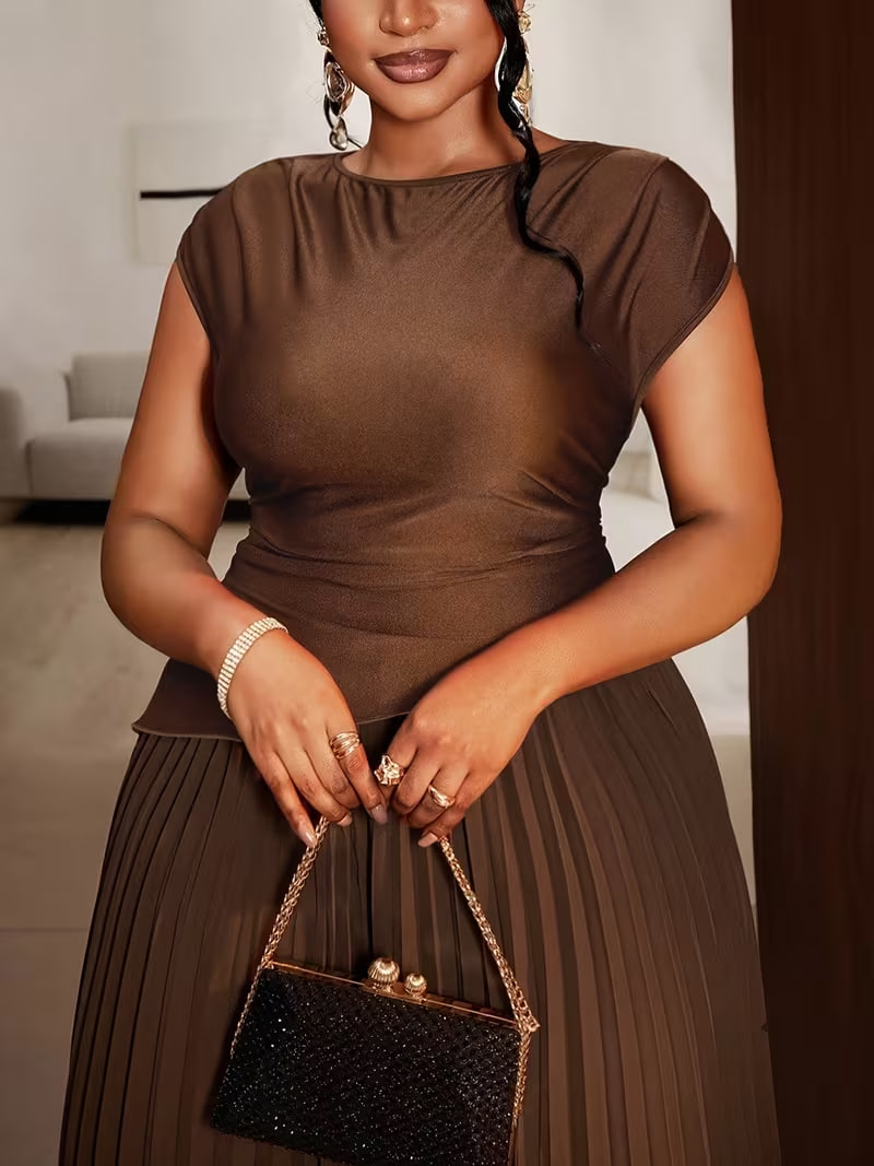 Plus Size - Plus Size - Summer New Plus Size Brown Satin Round Neck Short Sleeve Waist Top And Pleated