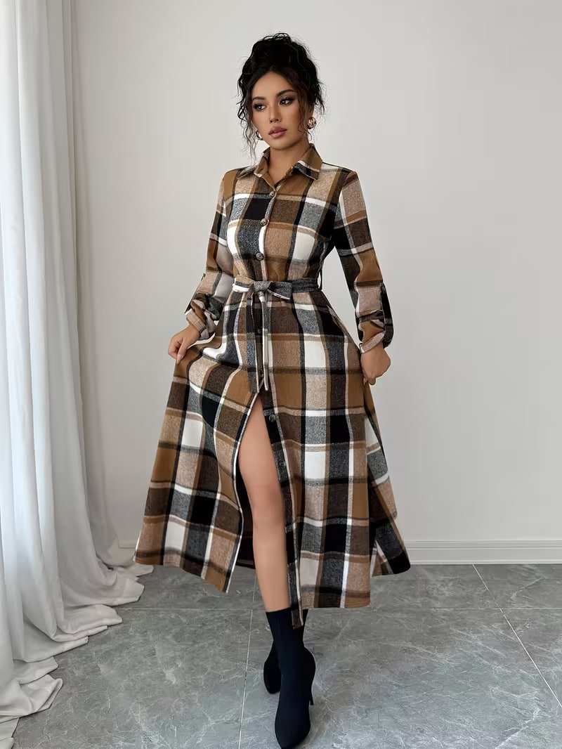 This Women'S Long Coat Features a Khaki