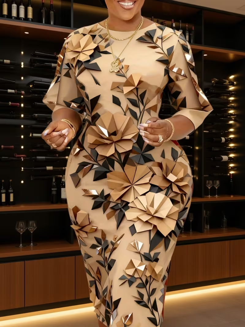 European And American Fashion Round Neck Printed Mid-Sleeve Slim Fit Hip Wrap Dress