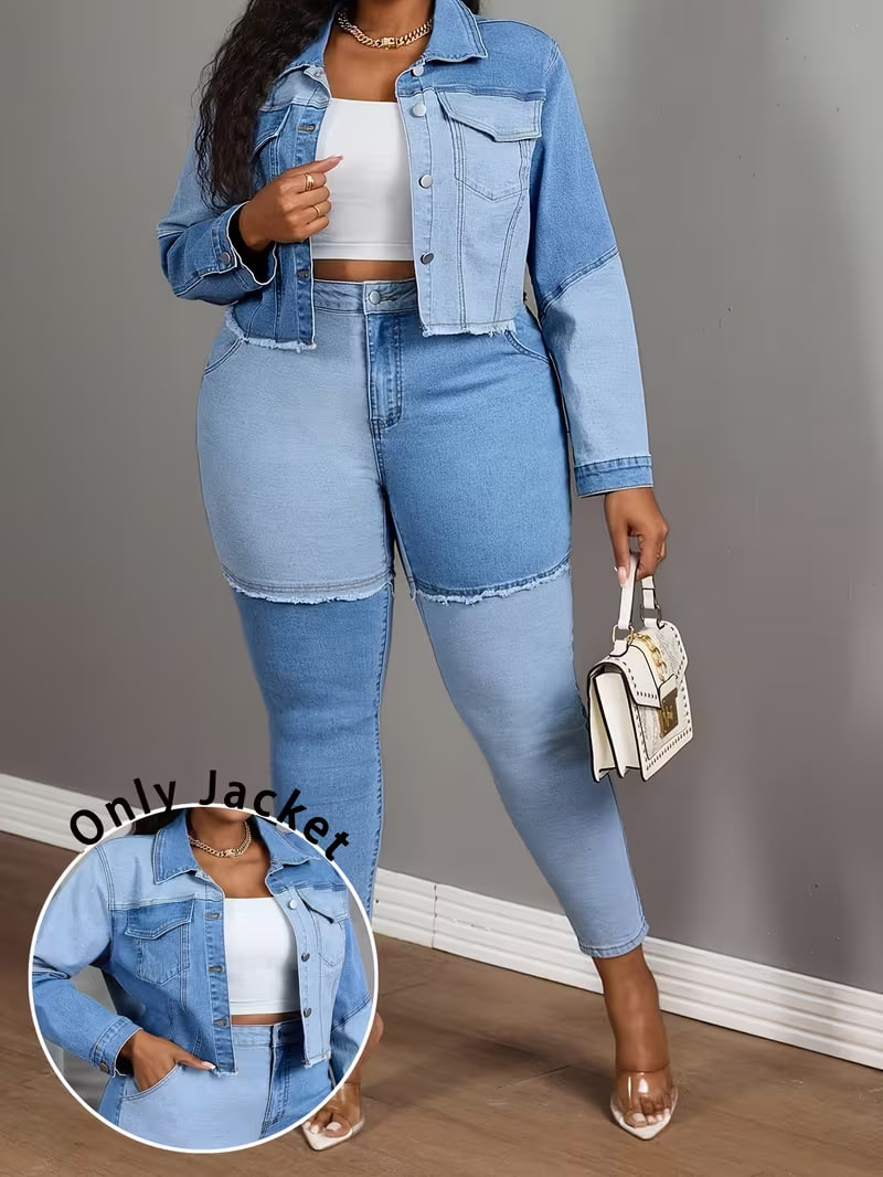 Women's Plus-size Color-block Washed Denim Jacket with Raw Hem Design