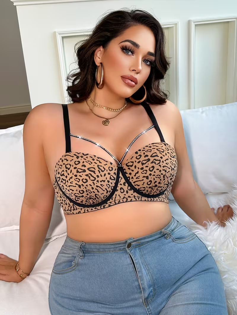 Leopard Print Color-block Plus-size Bra with Rhinestone Strap Details and Underwire, Women's Plus-size Lingerie