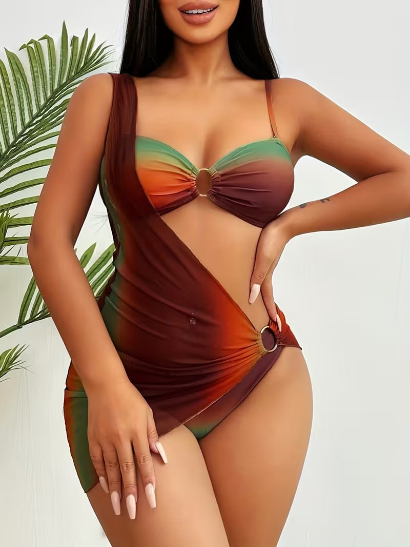 Vacation-style Ethnic-inspired Brown Ombré Print Asymmetric One-shoulder Mesh Skirt with Tube Top Split Bikini 3pcs Set