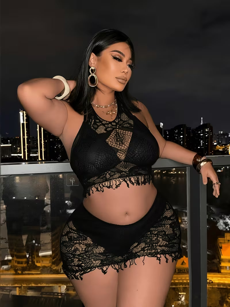 New Summer Plus Size Sexy Lace Camisole Set, European and American Style Hollow-Out Design, and Figure-Hugging
