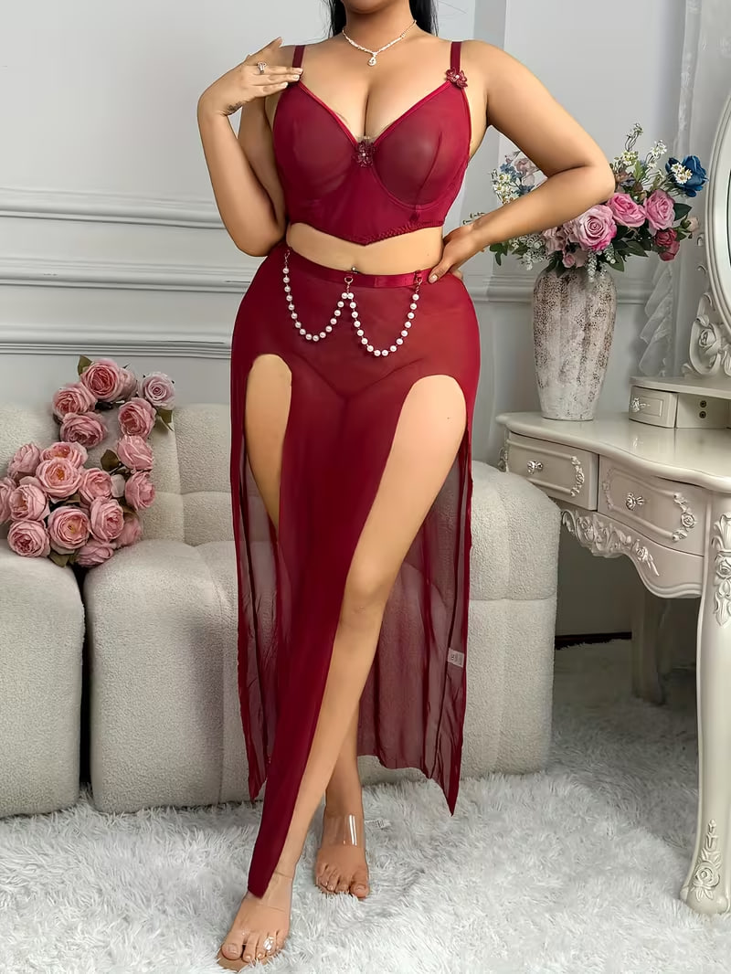 Plus-Size Women'S Sexy Lingerie Set with a Sheer Pearl Long Dress