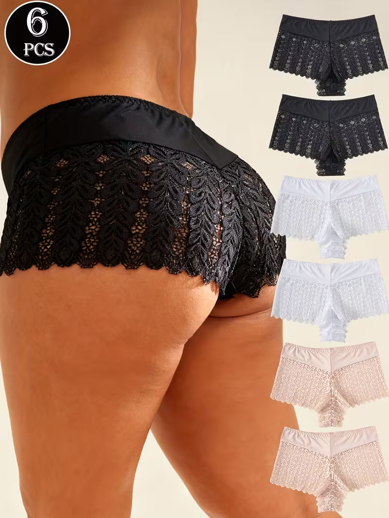 Set of 6 Seamless Lace Trim Boyshorts, Comfortable And Breathable Stretchy Underwear