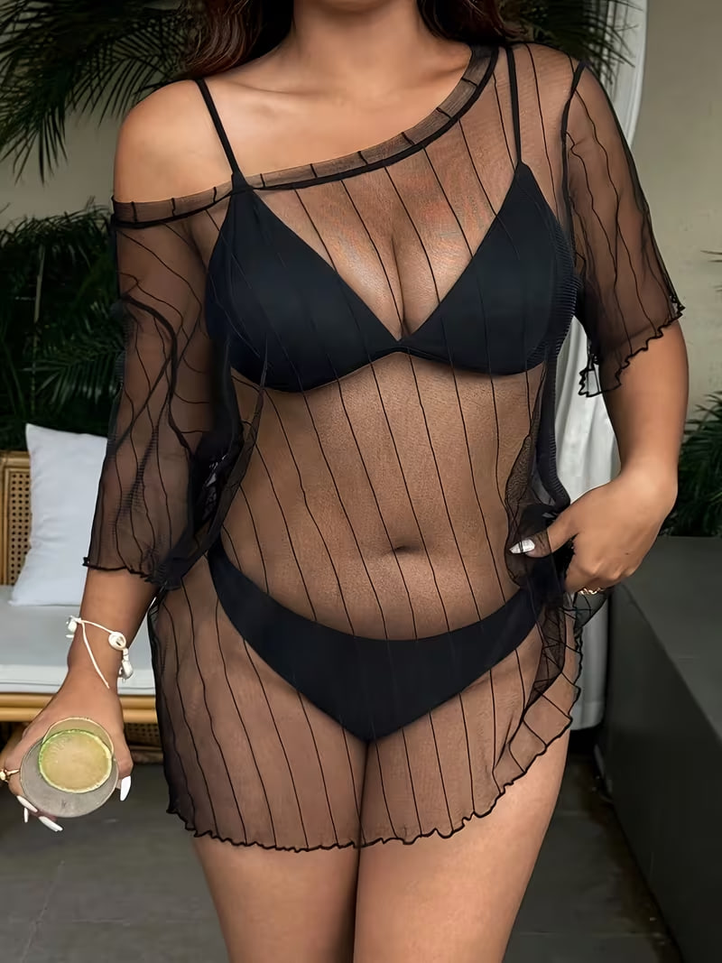 Plus Size - Plus Size - Western Cross-Border Plus Size Fashion Loose Black Mesh Striped Sheer Women'S T-Shirt, Suitable for Summer Beach Vacation