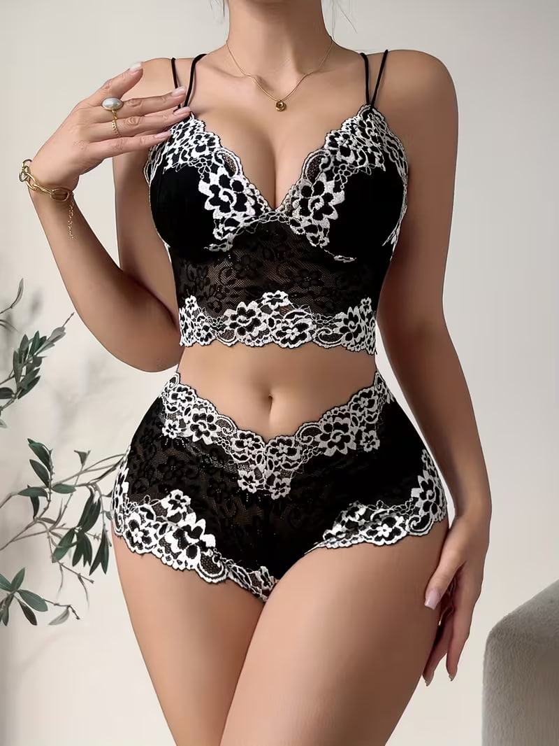 Two-tone Floral Lace Bra Set, V-neck Body-hugging Hallow-out Camisole Top and Panties, Women's Daily Comfortable Lingerie
