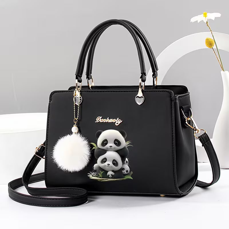 1pc Cute Panda Handbag with Fluffy Pom-Pom Trim & Multi-Layer Zipper