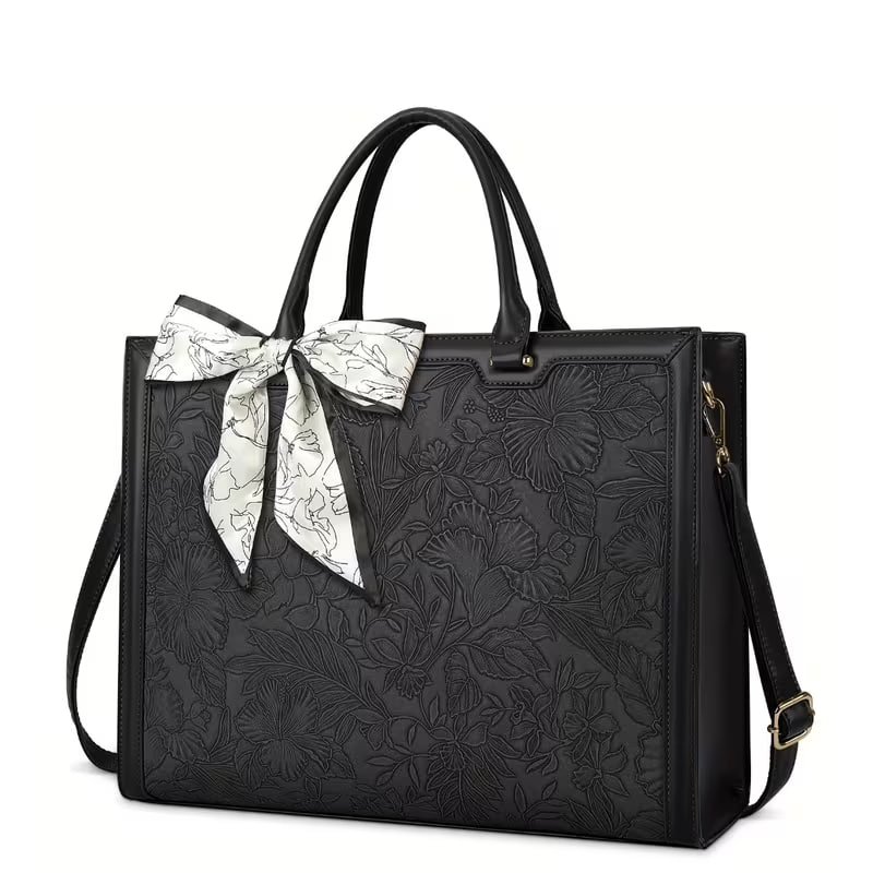 Women'S Laptop Bag 39.62 cm Tote Faux Leather Computer Business Lightweight Office Briefcase Large Capacity Handbag Shoulder Black