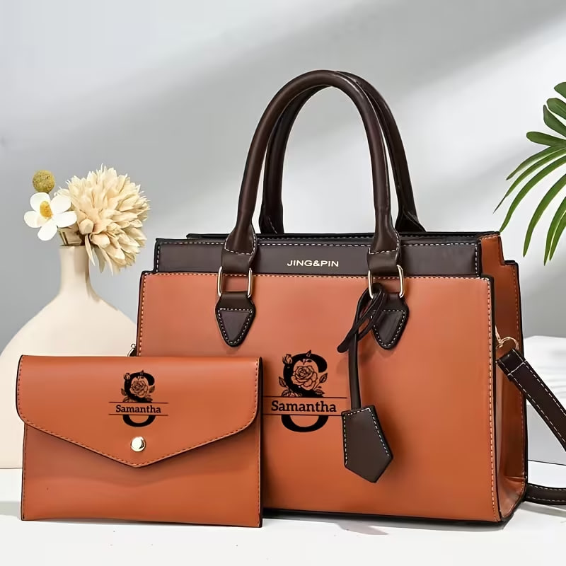 Personalized Customization - a Set of Shoulder Bags for Women Featuring 26 Rose Flower English Letters for a Custom Logo Name