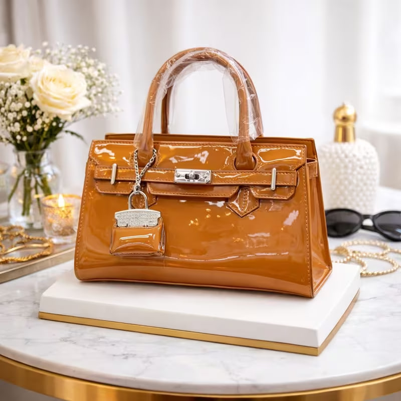 Women'S Handbag with Mini Charm – Glossy Top Handle