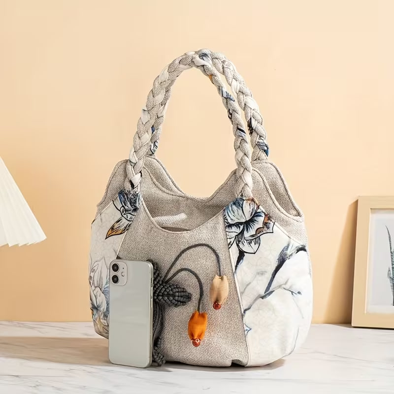 1pc, Randomly Cut, Bohemian Ethnic Style Hand-woven Floral Tote Bag with Multiple Compartments, Original Design Floral 