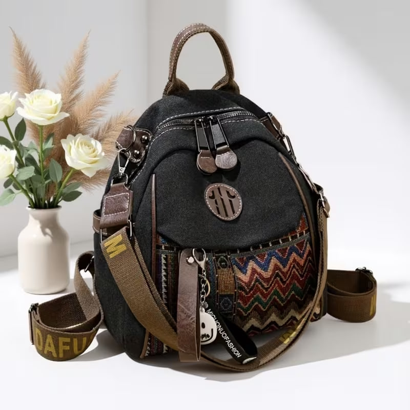 This Retro Women'S Backpack, Material Shows Texture. Ethnic Style Webbing