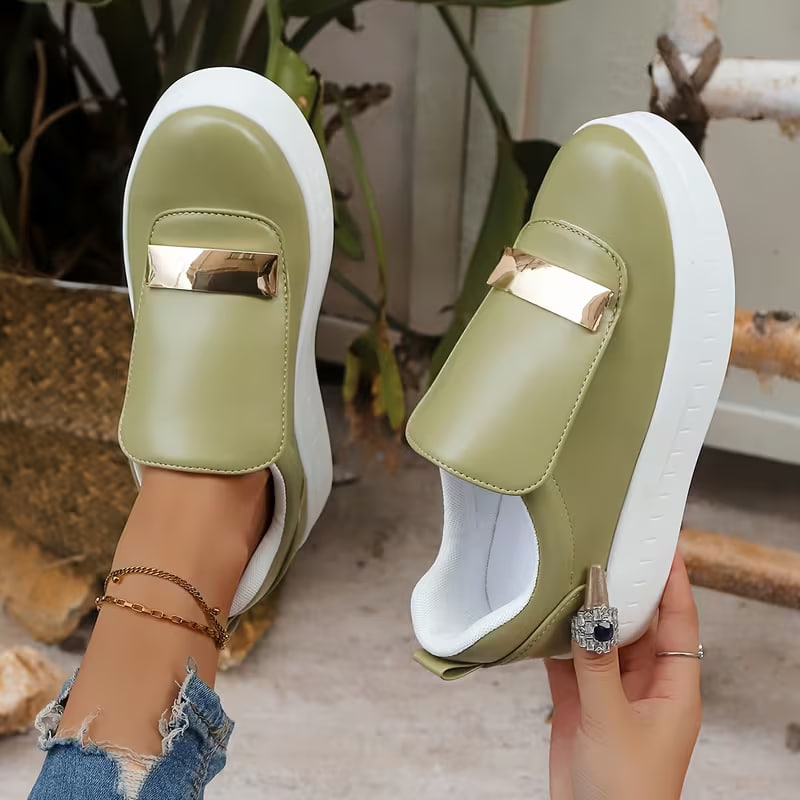 New Avocado Green Platform Loafers with Eye-catching Metal Buckle Accents