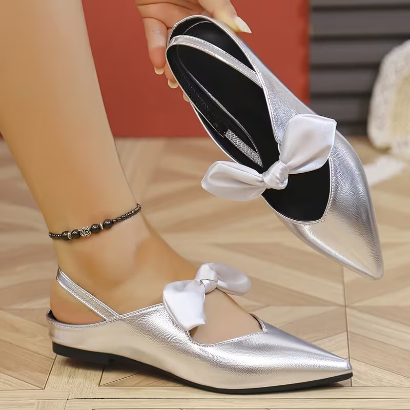Women'S Pointed Flat Shoes with a Bow, Elastic Ankle Strap, Soft Sole, Available in Golden And Silvery., Women Shoes