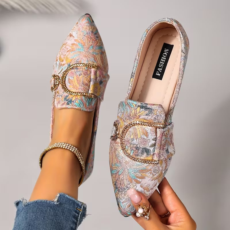 New Pointed Toe Floral Rhinestone Buckle Flat Shallow Mouth Single Shoes