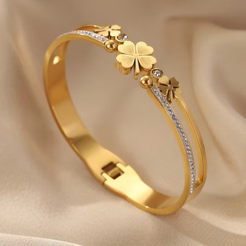 1 Bangle Summer Golden 304 Stainless Steel Lucky Four-Leaf Clover Bracelet