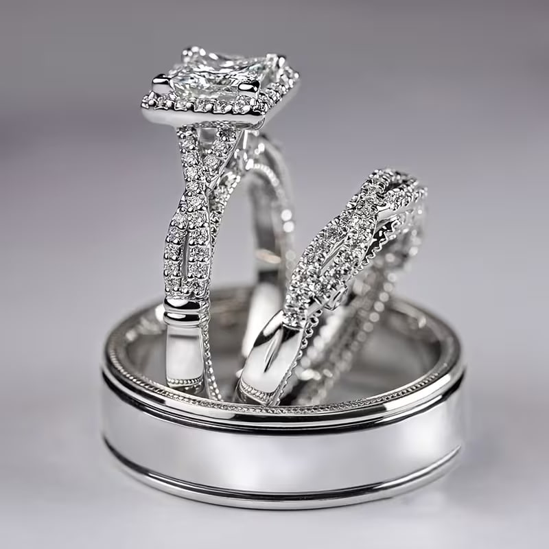 3pcs/set Luxury High Quality Rings Set Inlay Square Shiny Synthetic Zirconia for Women Banquet Wedding Jewelry Anniversary Gift