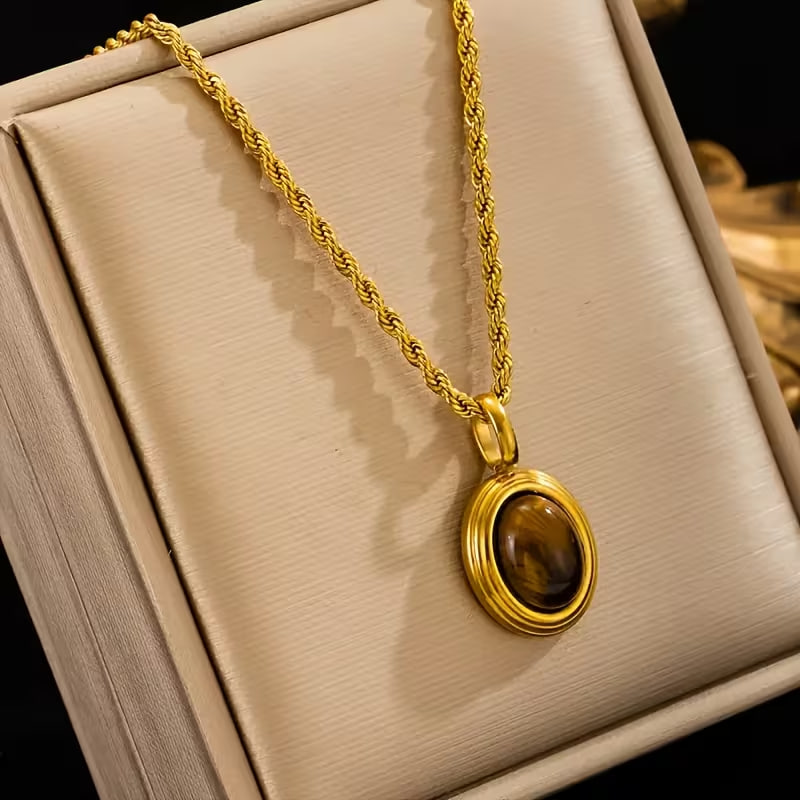 1pc 18K Gold Plated 304 304 304 304 Stainless Steel Braided Chain Necklace with Oval Tiger Eye Pendant 