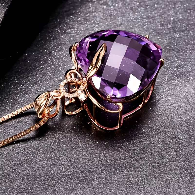 1pc Elegant Heart Shaped Amethyst Pendant Necklace with Golden Tone 