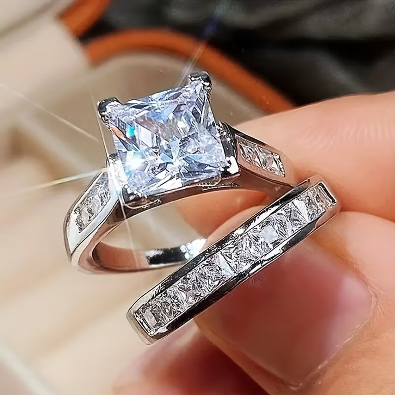 2pcs/Set Temperament Elegant Inlay Square Zirconia Rings Set for Women