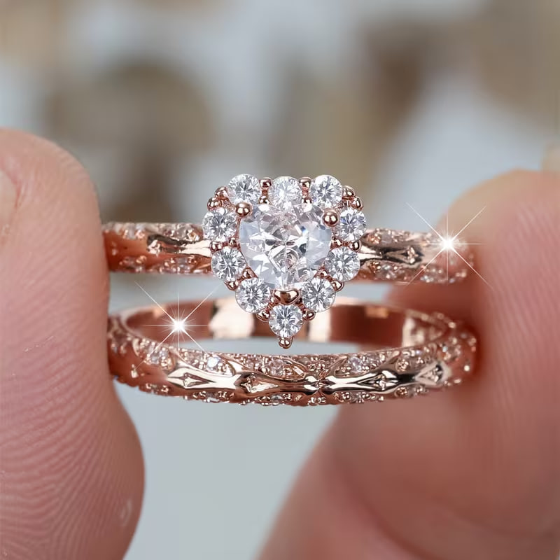 Fashion Rose Golden Color Ring Heart Cut White Stone Ring Set Synthetic