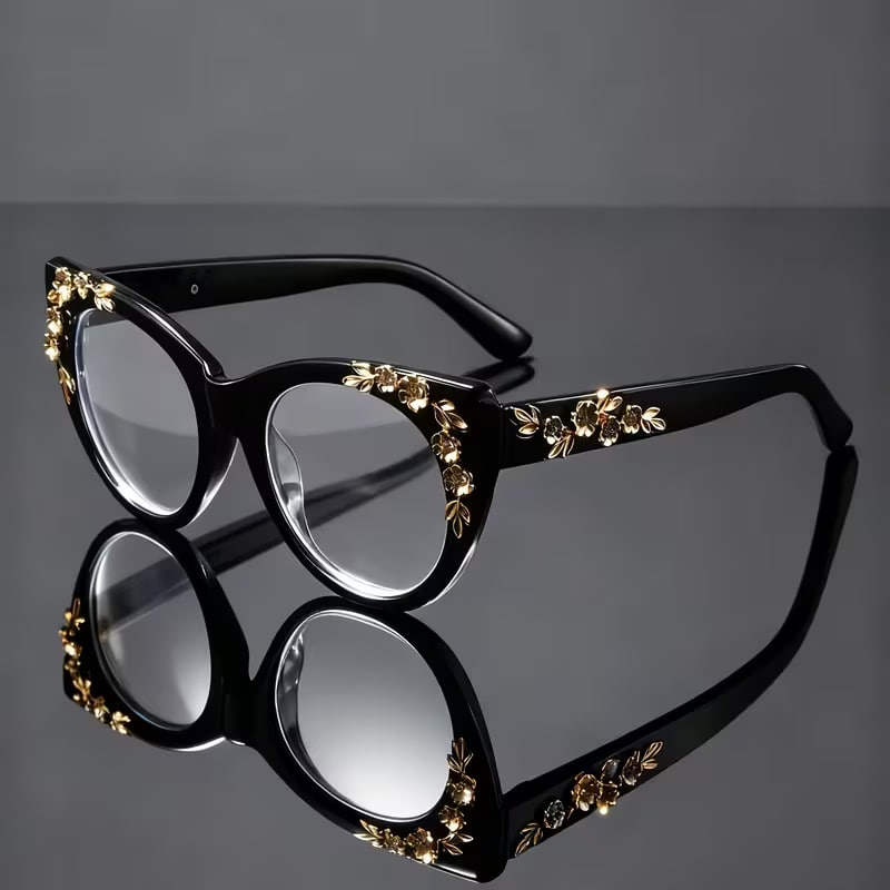 Cat-eye Style Eyeglass Frame with Floral and Golden Leaf Embossed Decoration
