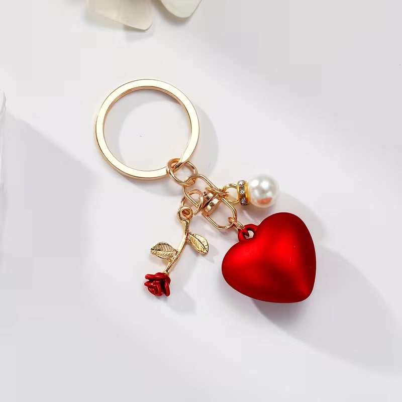 1pc Charming Red Heart & Rose Golden Keychain with Accents
