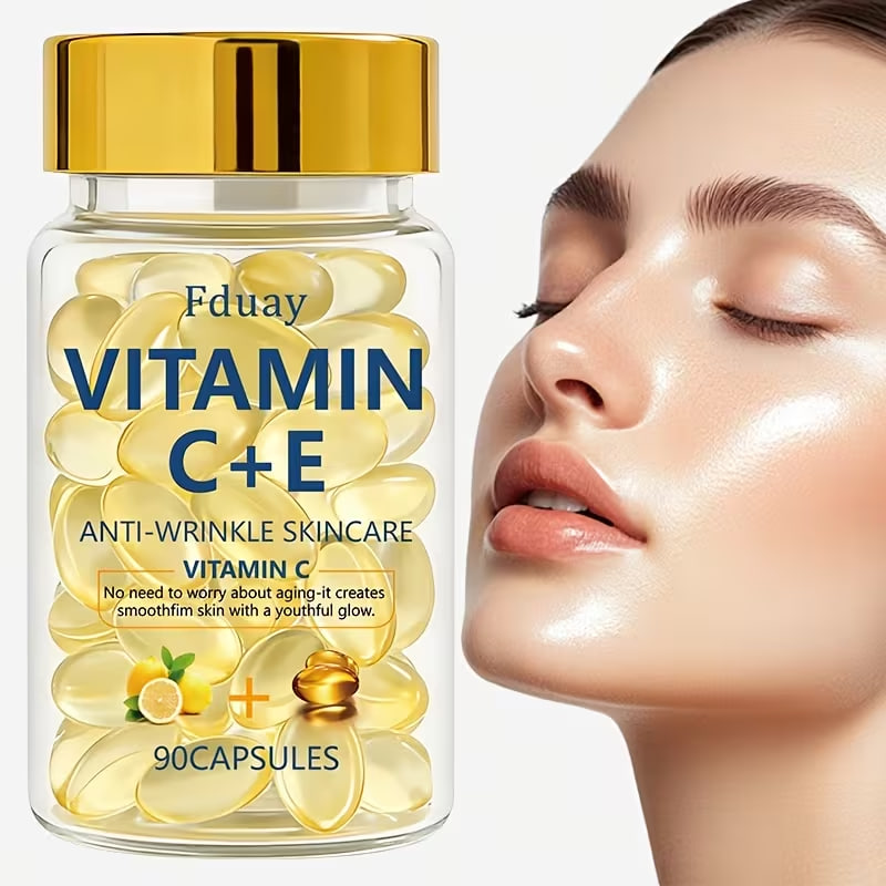 90pcs Vitamin C+E Skincare Essence Capsules with Vitamin C, Vitamin E, Collagen Moisturizer, Lifts Facial Drops, Nutrient Boost, Smooth & Hydrated