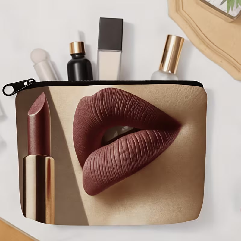 This Is a 2D Print Makeup Bag Featuring a Lipstick Print, Designed with a Soft-Touch Lipstick Pattern.