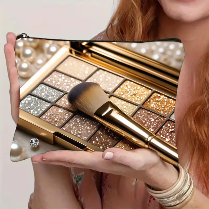 1pc Golden Tone Palette with Shimmer Eyeshadow And Brush Lightweight, Foldable, Zippered Makeup Bag