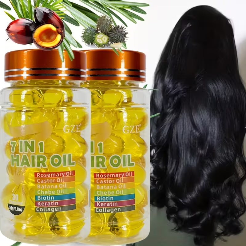 2 Pack GZE 7-In-1 Hair Oil Enriched with Rosemary Oil, Castor Oil, Batana Oil, Chebe Oil, Biotin, Keratin, Collagen, Hydrating, Anti-Frizz, Preventing Split Ends, Anti Breakage, Heat Protection, Lightweight Formula