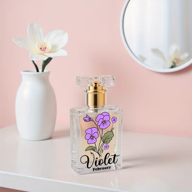 1pc Violet February Flower Design. Square Glass Perfume Bottle Durable Sprayer