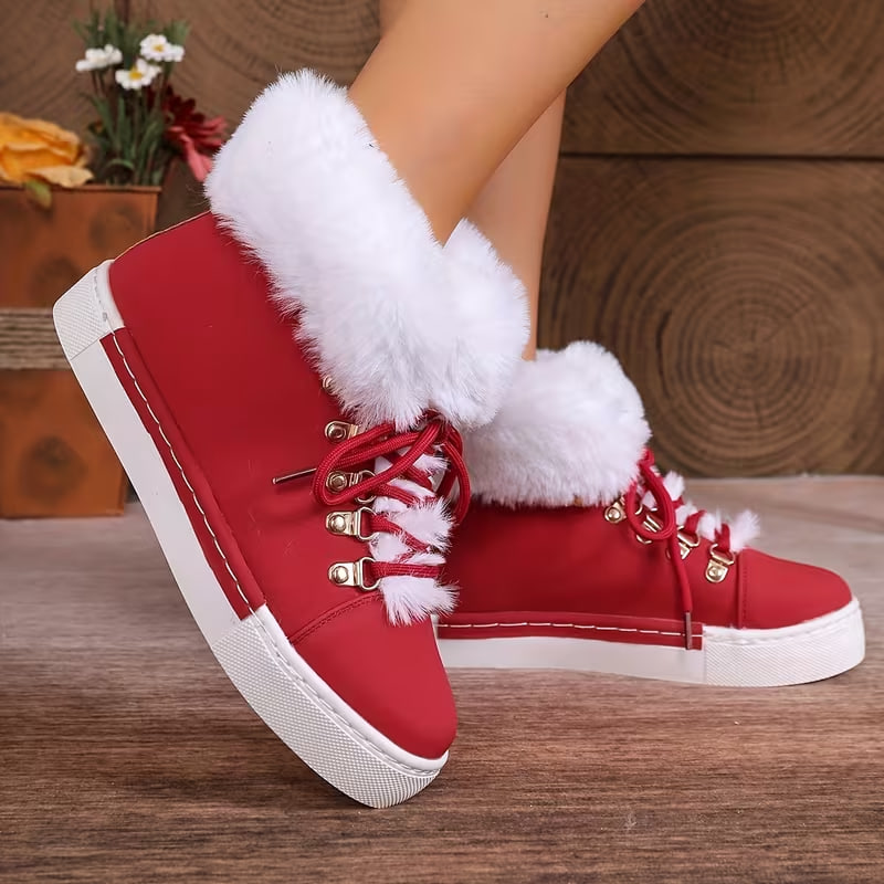Women'S Plus Size Warm Shoes, Round Toe Lace-Up, Twisted Yarn Sole, Flat, Mountain Buckle, faux fur Trim, Casual Athletic Snow Boots faux fur Shoes