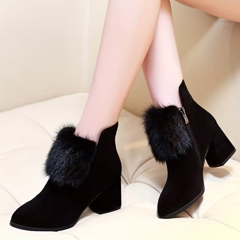 Winter All-Match Elegant Fashion Solid Color Ankle Velvet Chunky Heel Fashion Boots 