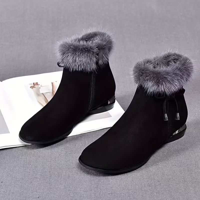 Shoes Large Size Furry Boots Women Autumn Winter New Side Zipper Tassel Rhinestone Low Heel Short Boots Women Shoes