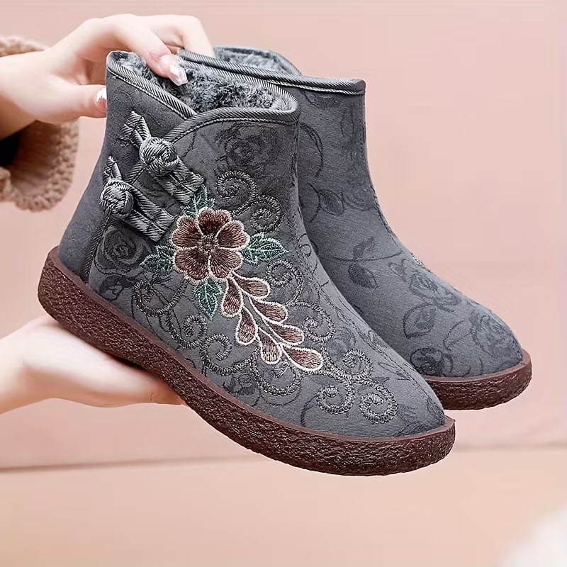Winter Versatile Fleece-Lined Warm Chinese Style Casual Flat Ankle Boots for Women., Women Shoes