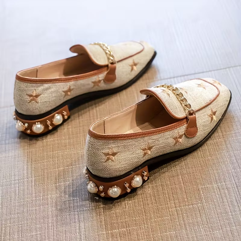 Women's Apricot Deep V-Neck Block Heel Loafers with Star