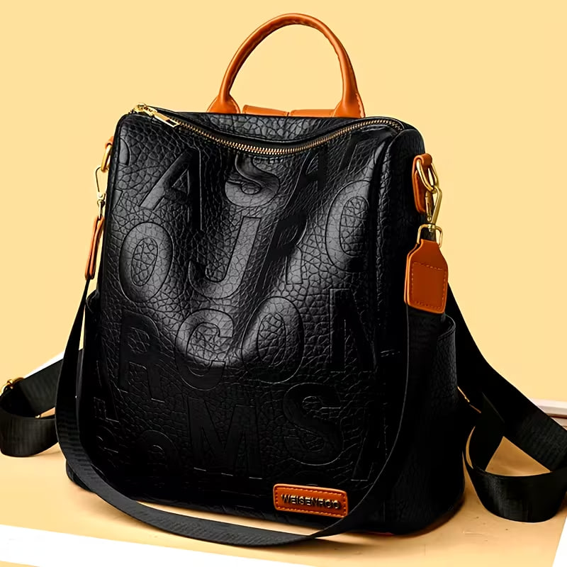 Genuine High-End Cowhide Texture Backpack for Women, Internet-Famous Double-Shoulder Bag with Letters