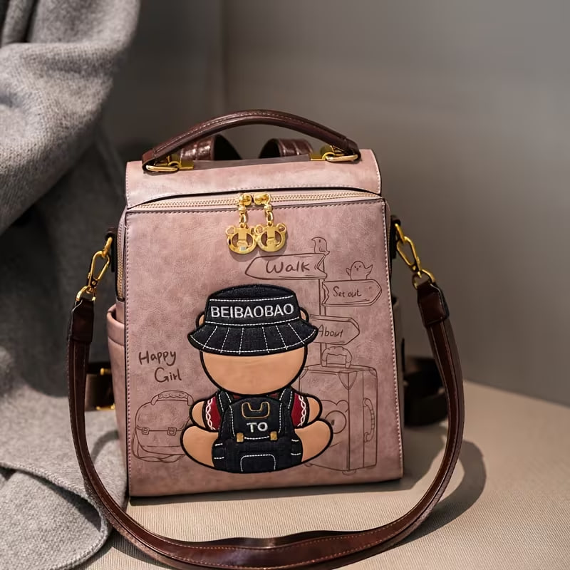 New Stylish Cream Cartoon Backpack, Perfect for Casual Commuting with a Large Capacity for Books