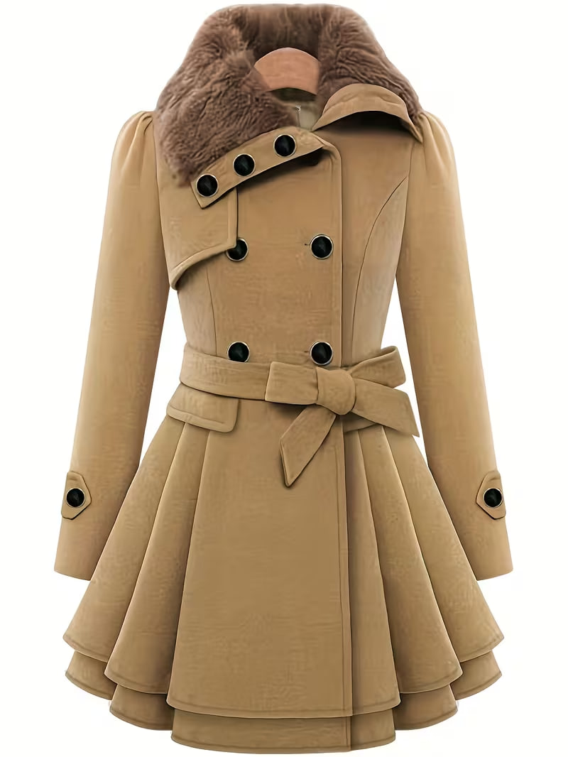 Plus Size, Vintage Sweet-cool Light-mature Style Women's -trimmed Coat with Waist Cinching, Double-breasted Button and Bow for Elegant Temperament, Plus Size Outerwear
