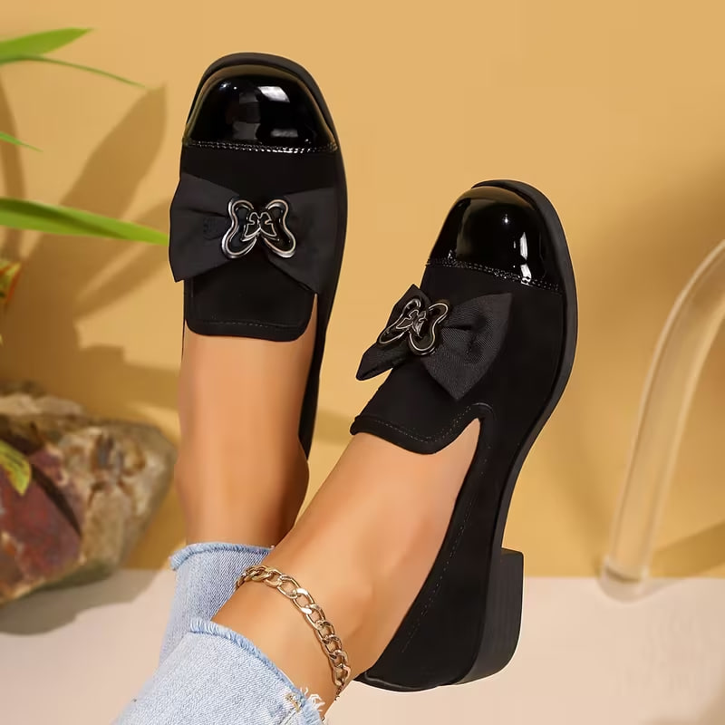 British-style Square-Toe Women's Slip-On Loafers with Metal Buckle and Bow Decoration