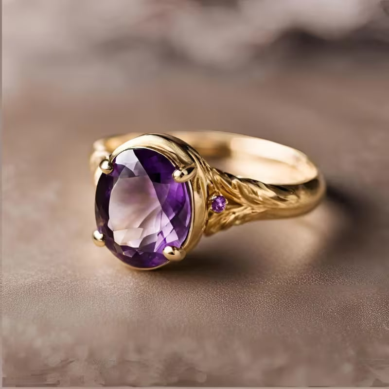A Noble and Elegant Ladies' Engagement Ring, Luxurious 14k Gold Plated with Sparkling Purple Circular Synthetic Synthetic Zirconia