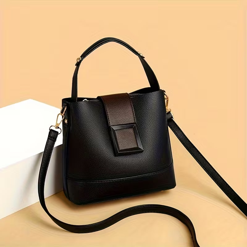 One Solid Color Simple PU Decorative Elegant Handheld Bucket Bag with Buckle Decoration, Convertible into Handbag Suitable for Wo 's Daily Use