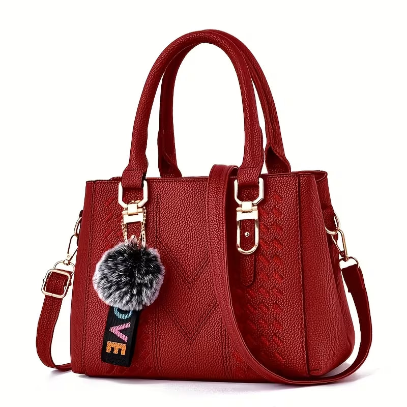 Mother's Day Gift Bag for Mom and Family, Wo 's Trendy Handbag with Ball Pendant, Simple Quilted Shoulder Handbag, Ladies' Easter